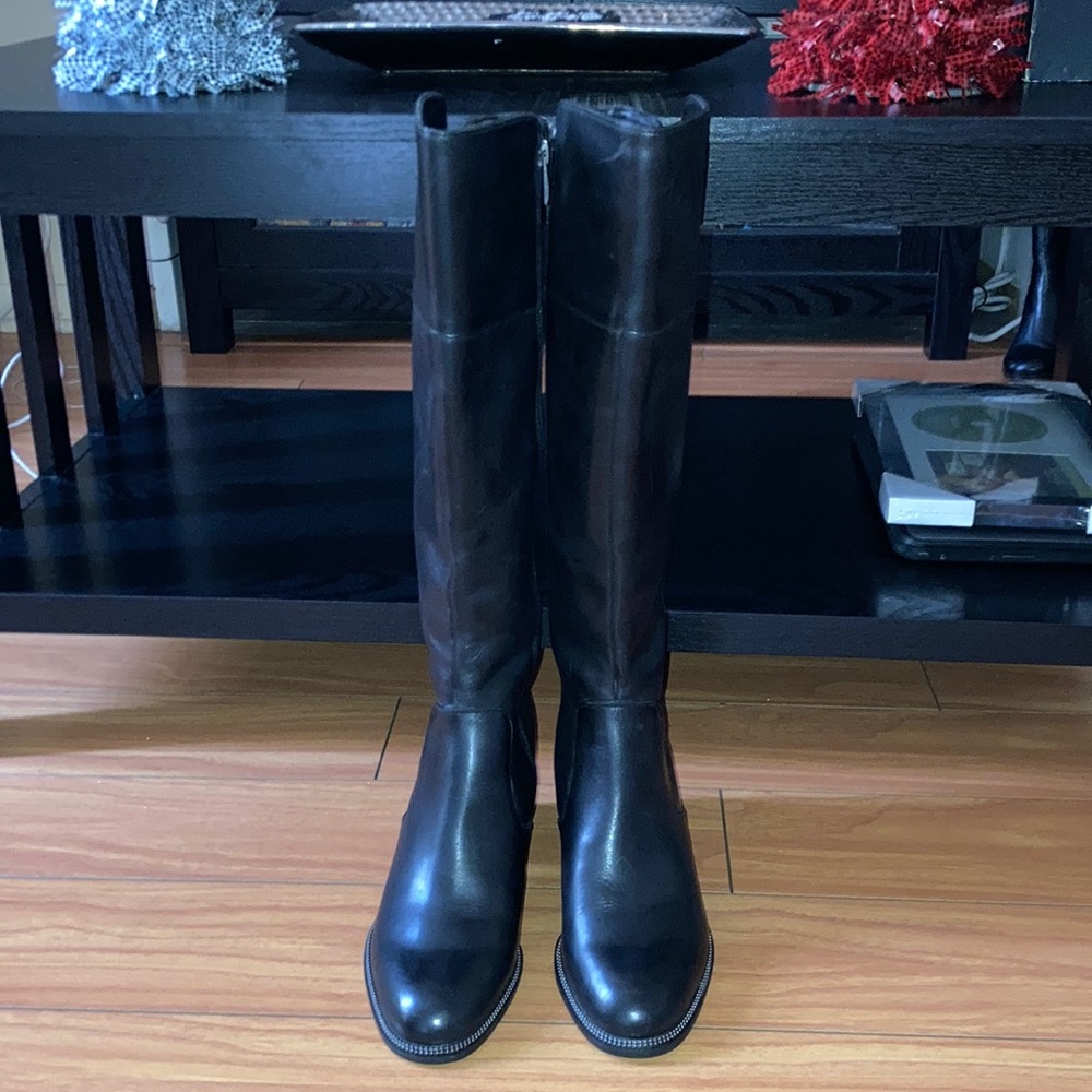 Franco Sarto Lucianna Black Leather Tall Heel Block Boots. Size 8.5